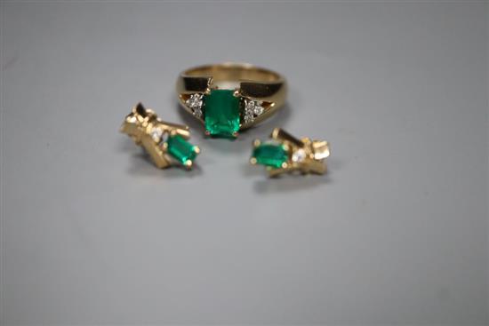 A modern suite of 14k yellow metal, synthetic emerald and diamond set jewellery